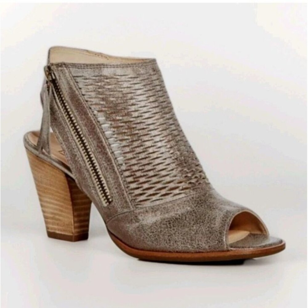 PAUL GREEN Women's Sz 8/US 10.5 Gray Metallic Willow Open Toe Block Heel Leather